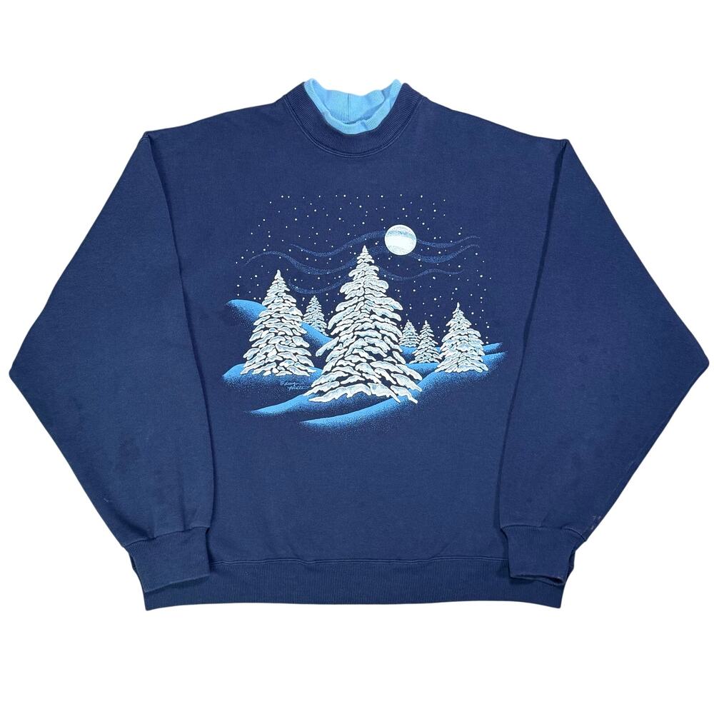 Vintage 90s Design Pointe Winter Snowy Forest Crewneck Sweatshirt XXL Made USA